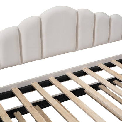 Upholstered Velvet Bed with USB Charging Ports, Beige