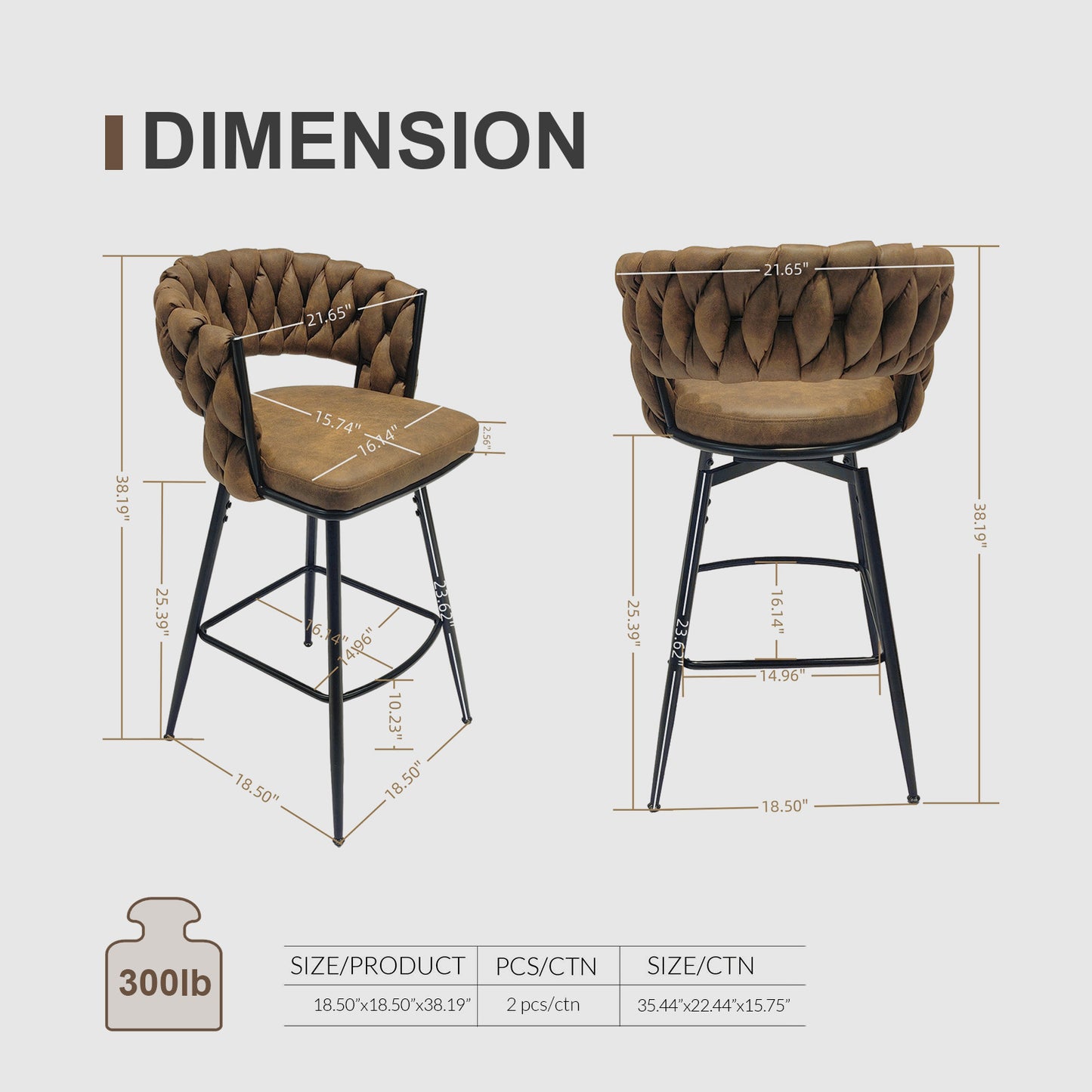 technical leather woven bar stool set of 4, brown