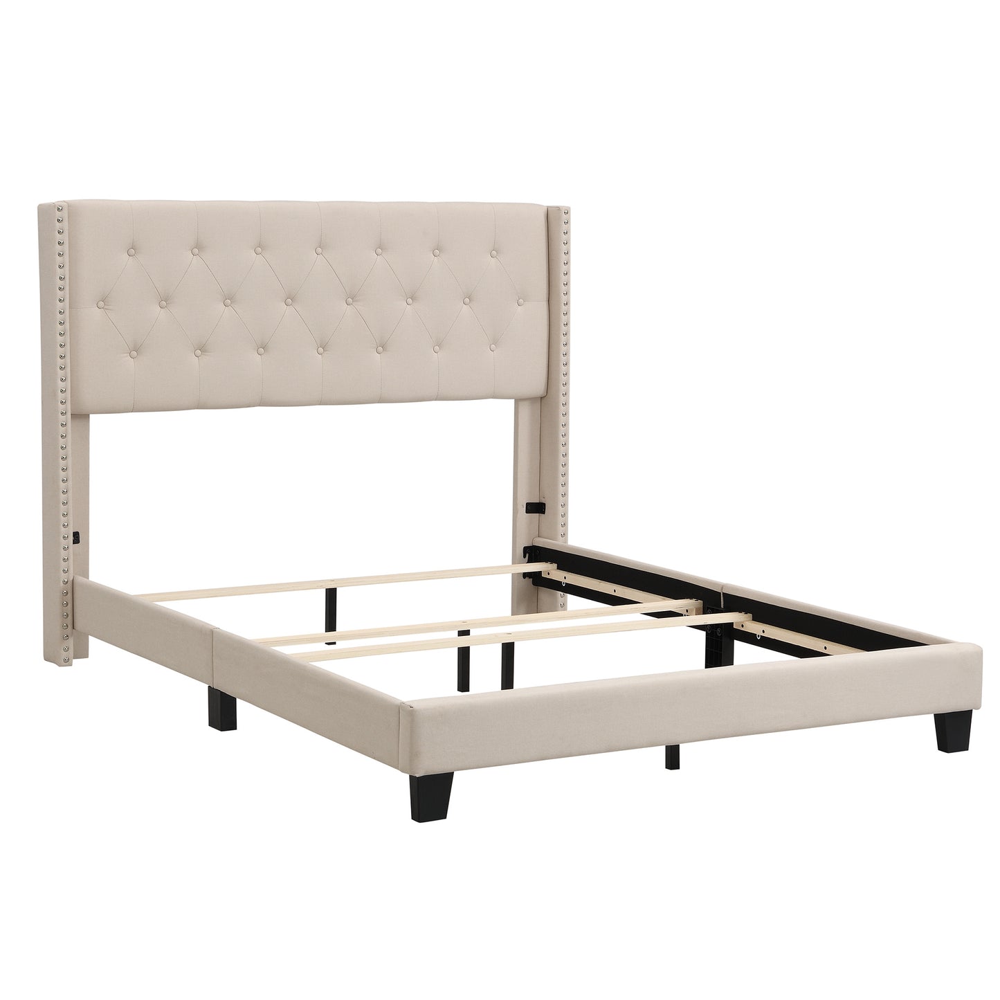 upholstered platform bed with classic headboard