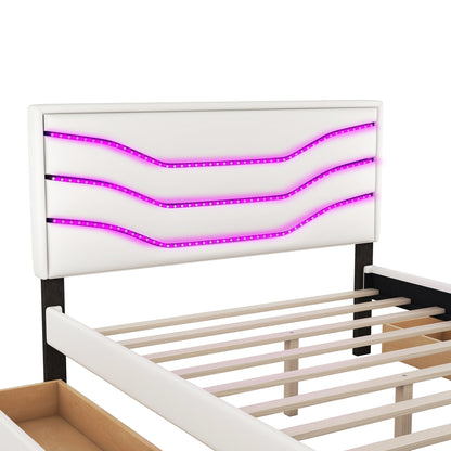 Retro Upholstered Storage Platform Bed with LED, 4 Drawers and USB Charging, White