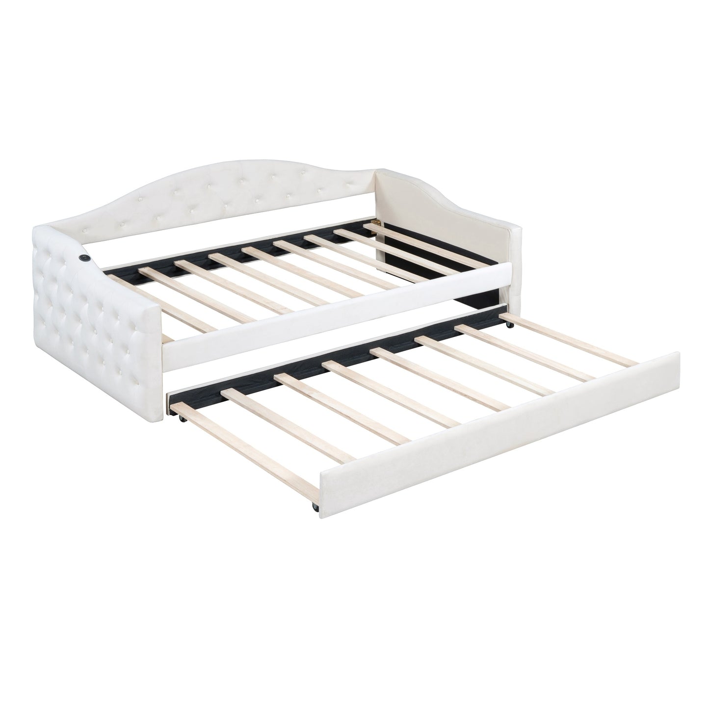 zara tufted upholstered bed with trundle, usb&type-c charging ports, beige