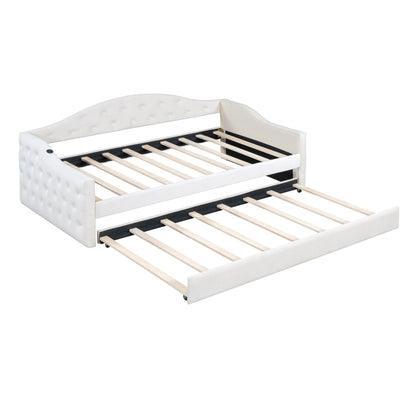 Zara Tufted Upholstered Bed with Trundle, USB&Type-C Charging Ports, Beige