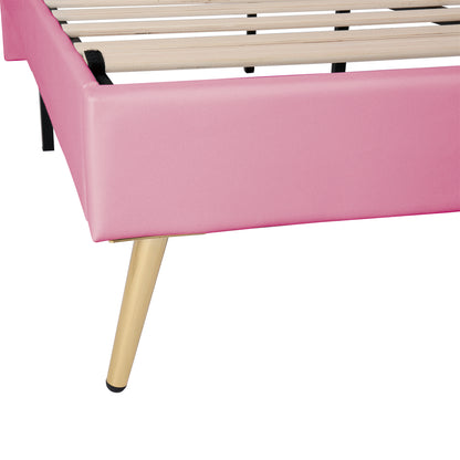 Modern Upholstered Princess Bed With Crown Headboard and LED Lights, White+Pink