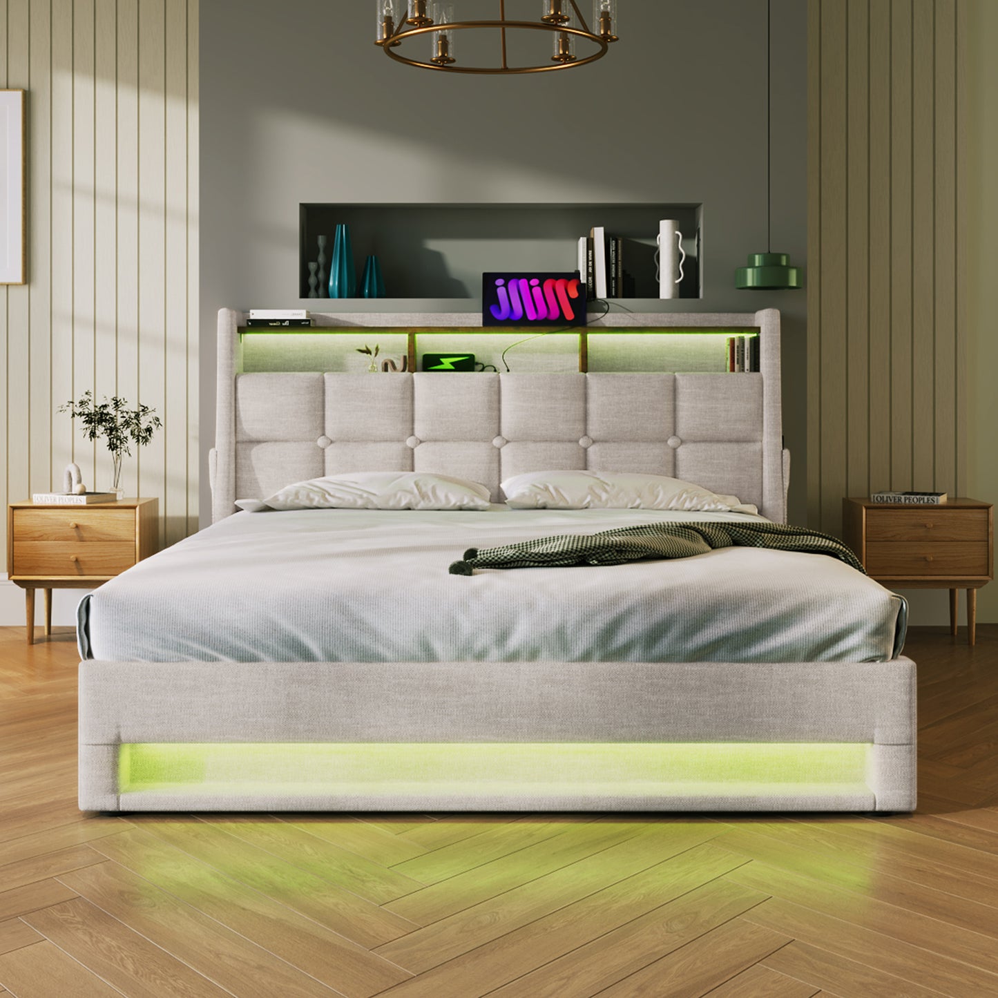 jody upholstered platform bed with a hydraulic storage system, led and usb charging,