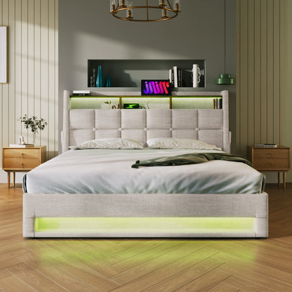 Jody Upholstered Platform bed with a Hydraulic Storage System, LED and USB Charging,