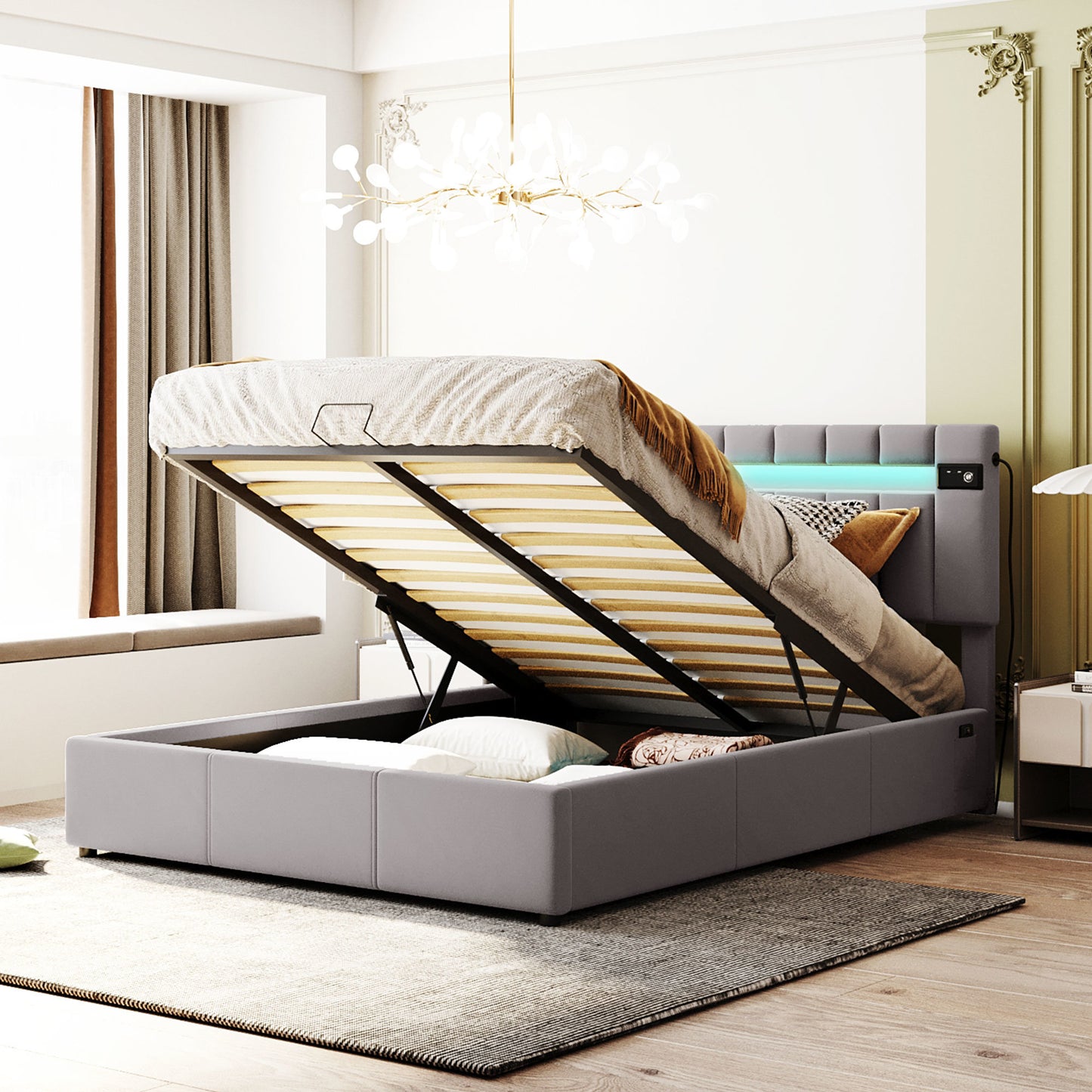 velvet upholstered hydraulic storage bed with led light, bluetooth player, and usb charging
