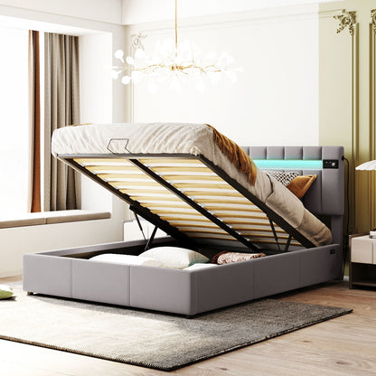 Velvet Upholstered Hydraulic Storage Bed with LED light, Bluetooth Player, and USB Charging