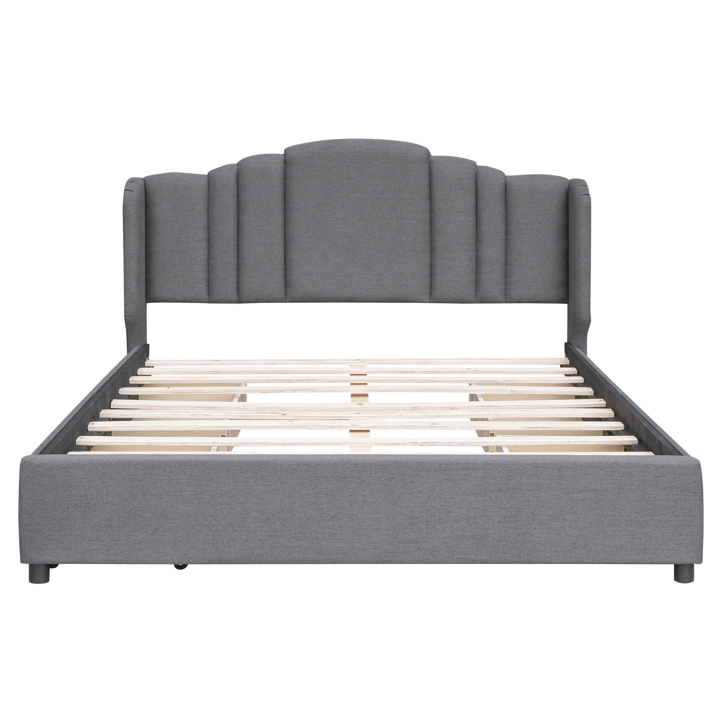 upholstered platform bed with wingback headboard and 4 drawers, gray