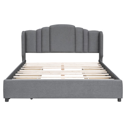Upholstered Platform Bed with Wingback Headboard and 4 Drawers, Gray