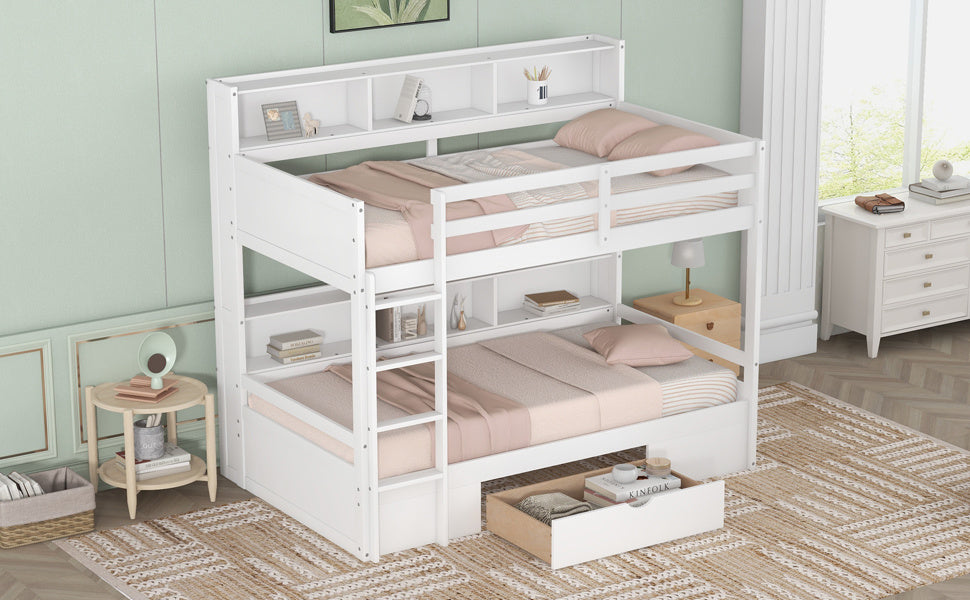 twin size bunk bed with built-in shelves, white