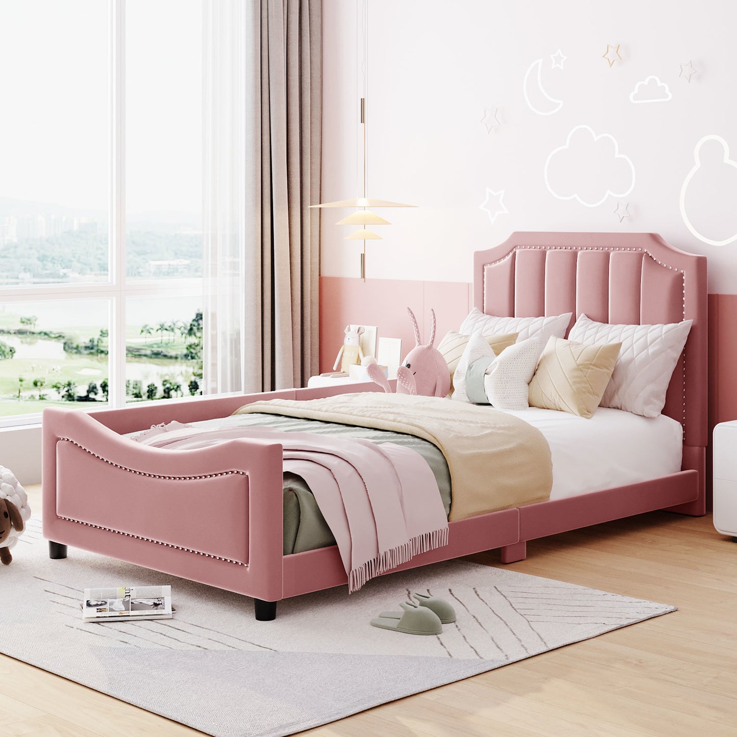 twin size upholstered daybed with classic stripe shaped headboard, pink