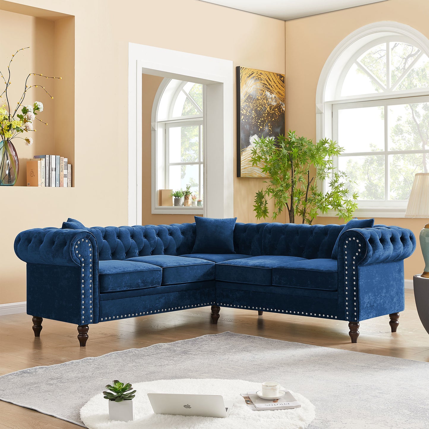 luxury classic chesterfield l-shaped sofa 3 pillows included, blue velvet