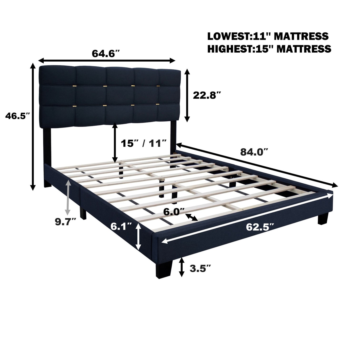 elegant upholstered bed frame with gold accents on headboard