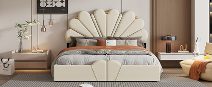 Upholstered Petal Shaped Platform Bed with Hydraulic Storage System, PU Storage Bed, Beige