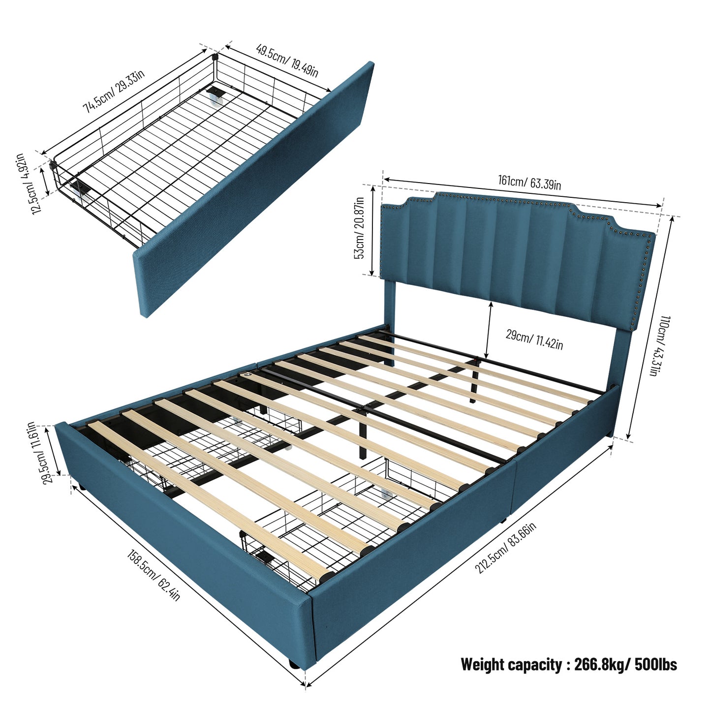 roe upholstered platform bed with 2 drawers stitched