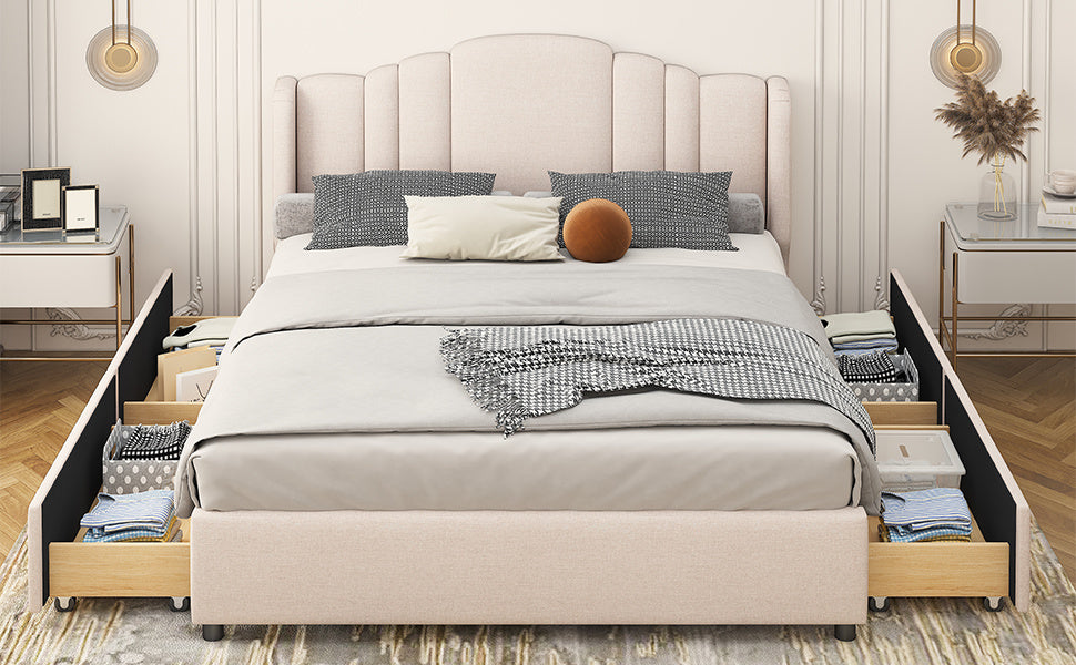 mie upholstered platform bed with wingback headboard and 4 drawers