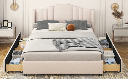 Mie Upholstered Platform Bed with Wingback Headboard and 4 Drawers