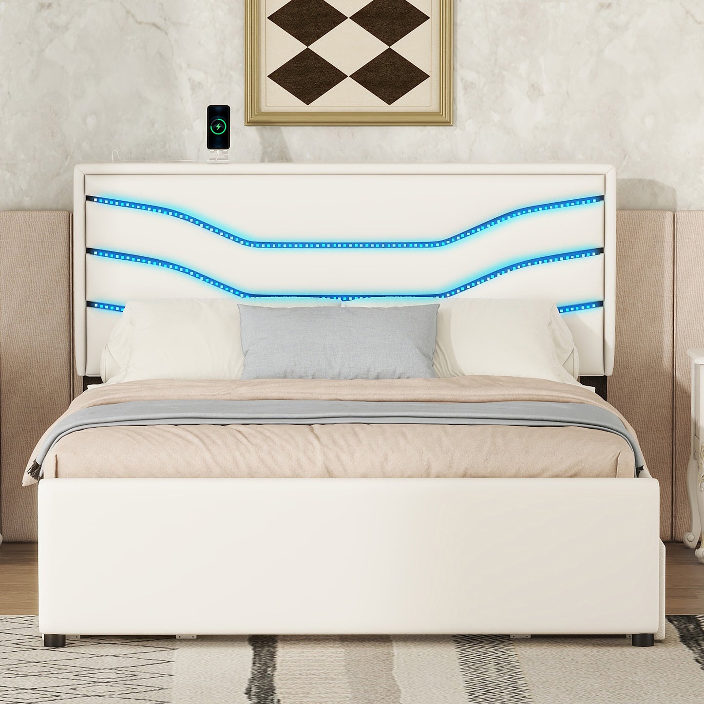 retro upholstered storage platform bed with led, 4 drawers and usb charging, white