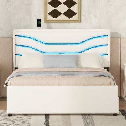 Retro Upholstered Storage Platform Bed with LED, 4 Drawers and USB Charging, White