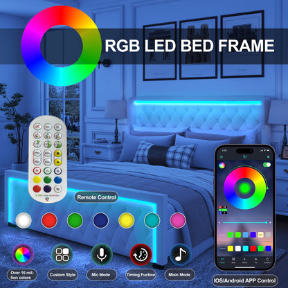 Velvet Upholstered Bed with Deep Tufted Buttons & Adjustable Colorful LED Light, Beige