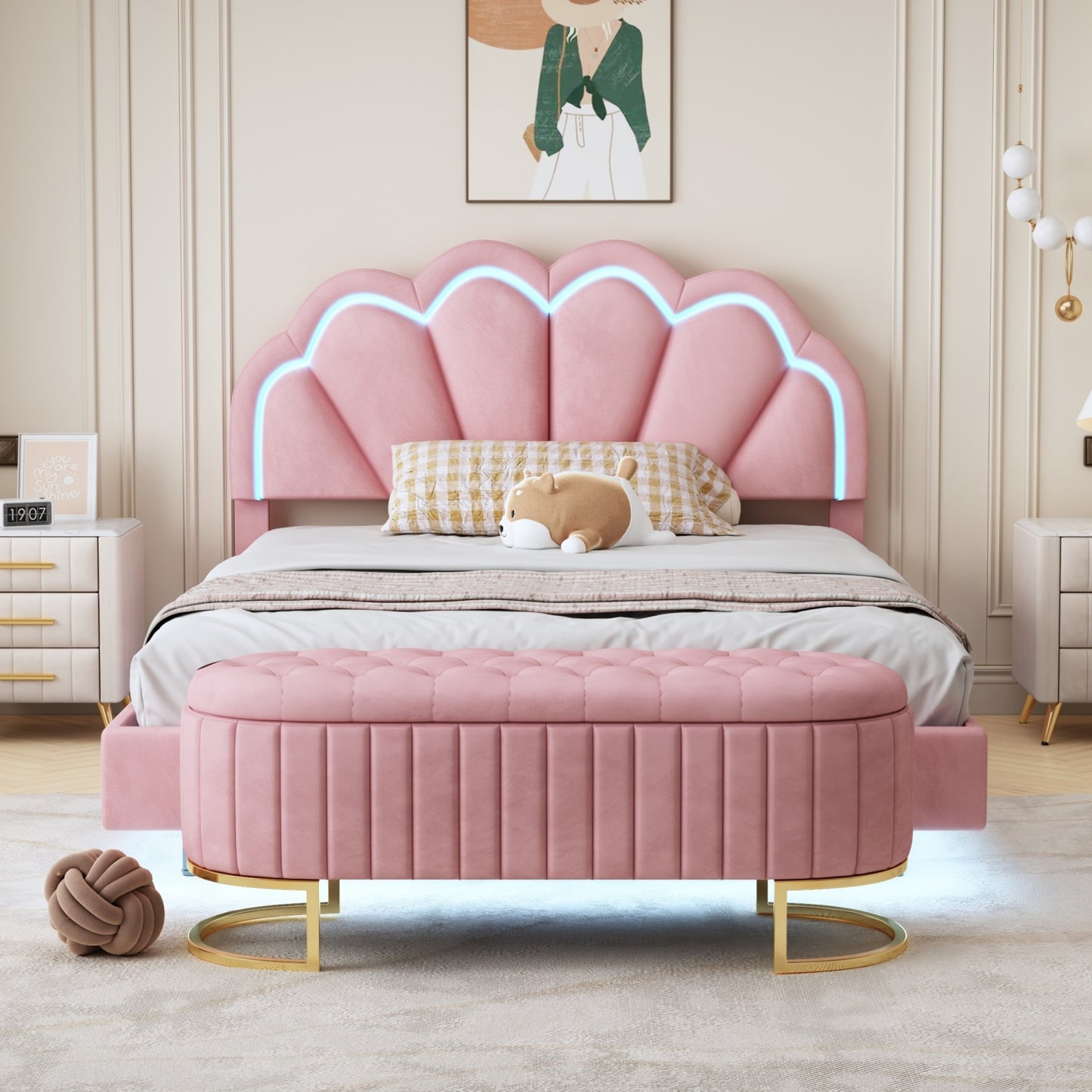 velvet upholstered led platform bed with storage ottoman, pink