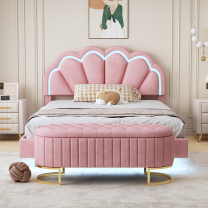 Velvet Upholstered LED Platform Bed with Storage Ottoman, Pink