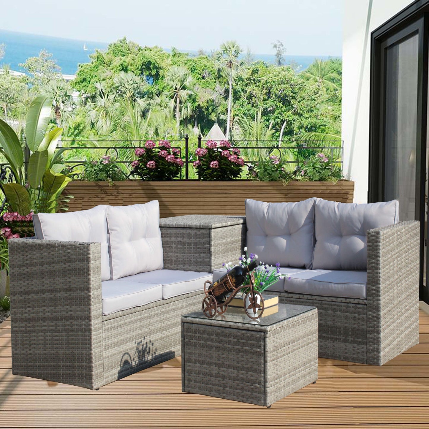 4 piece patio sectional wicker rattan outdoor furniture sofa set with storage box grey