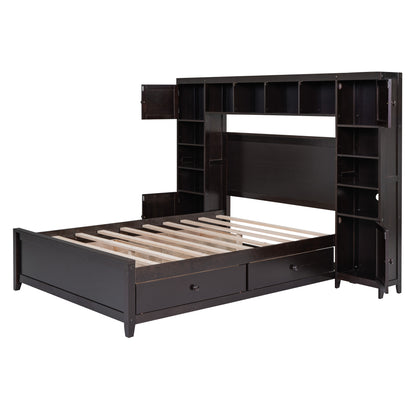 Wooden Bed With All-in-One Cabinet and Shelf