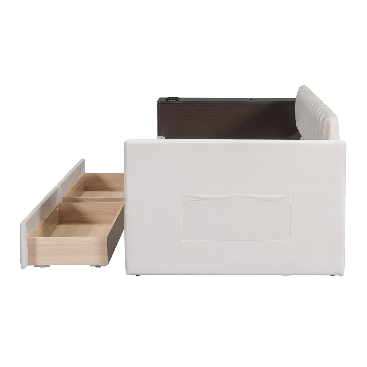 upholstered multi-functional daybed with cup holder and a set of usb ports and sockets, beige