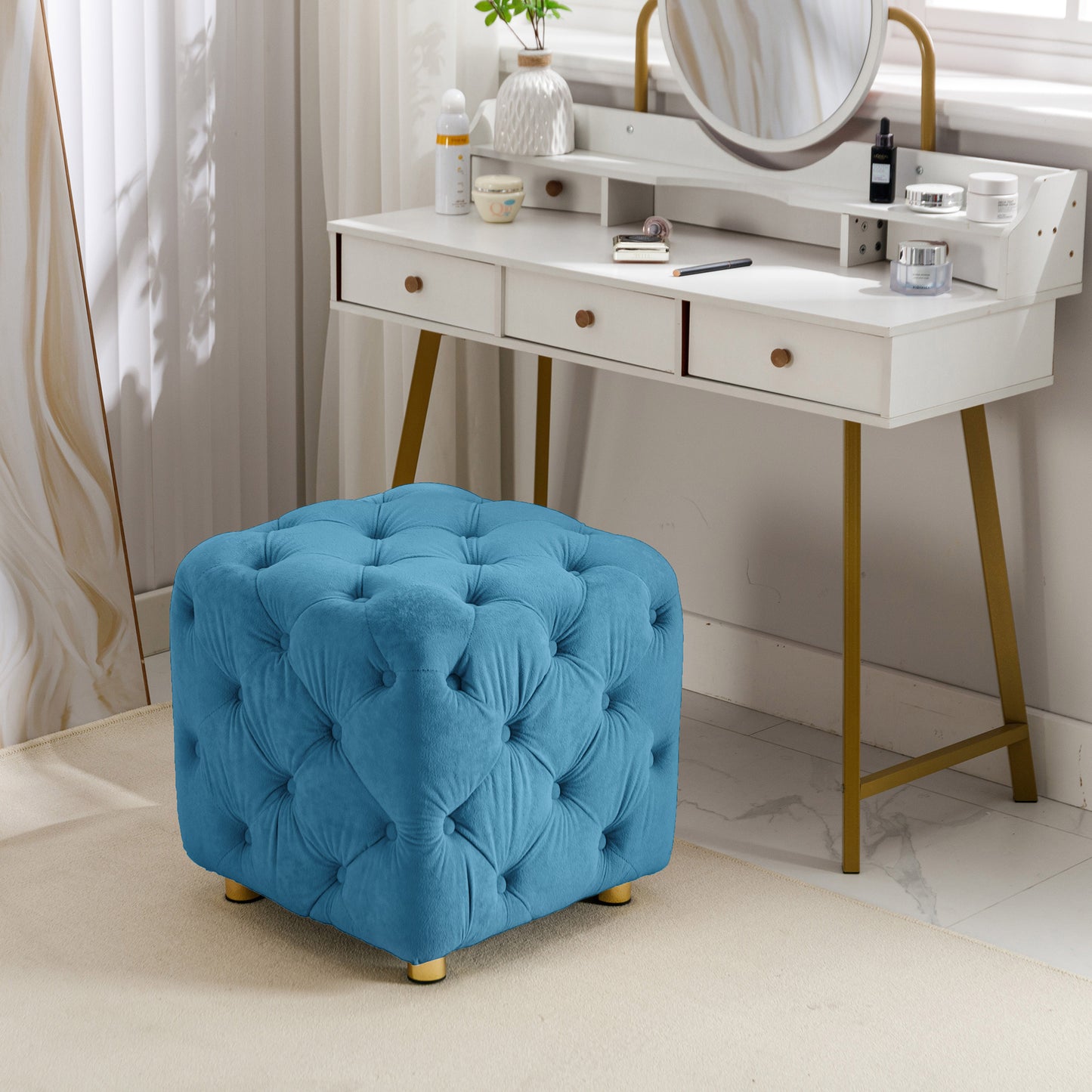 blue modern velvet upholstered ottoman