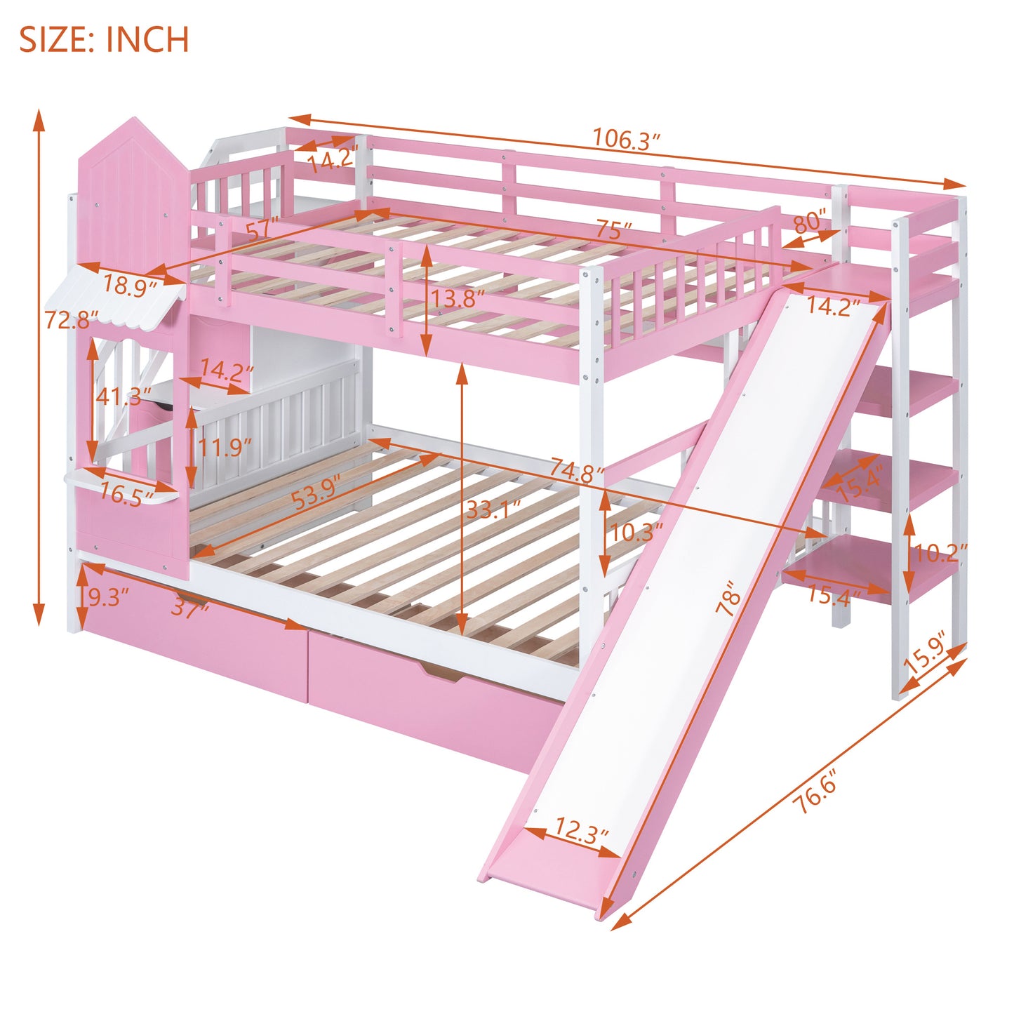 full-over-full castle style bunk bed with 2 drawers 3 shelves and slide - pink