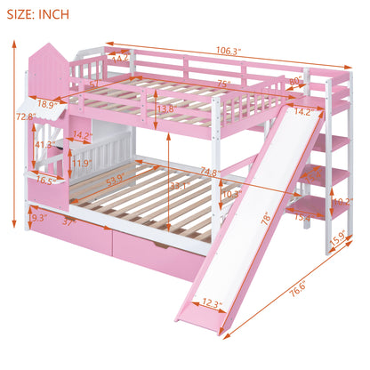 Full-Over-Full Castle Style Bunk Bed with 2 Drawers 3 Shelves and Slide - Pink