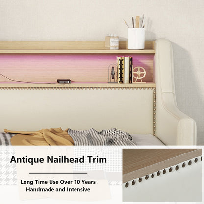 Upholstered Bed with Charging Station and LED Lights, Beige