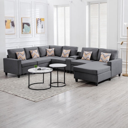 Nolan 7Pc Reversible Chaise Sectional Sofa with a USB, Charging Ports, Cupholders, Storage Console Table and Pillows