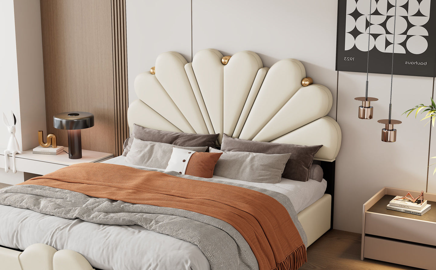 upholstered petal shaped platform bed with hydraulic storage system, pu storage bed, beige