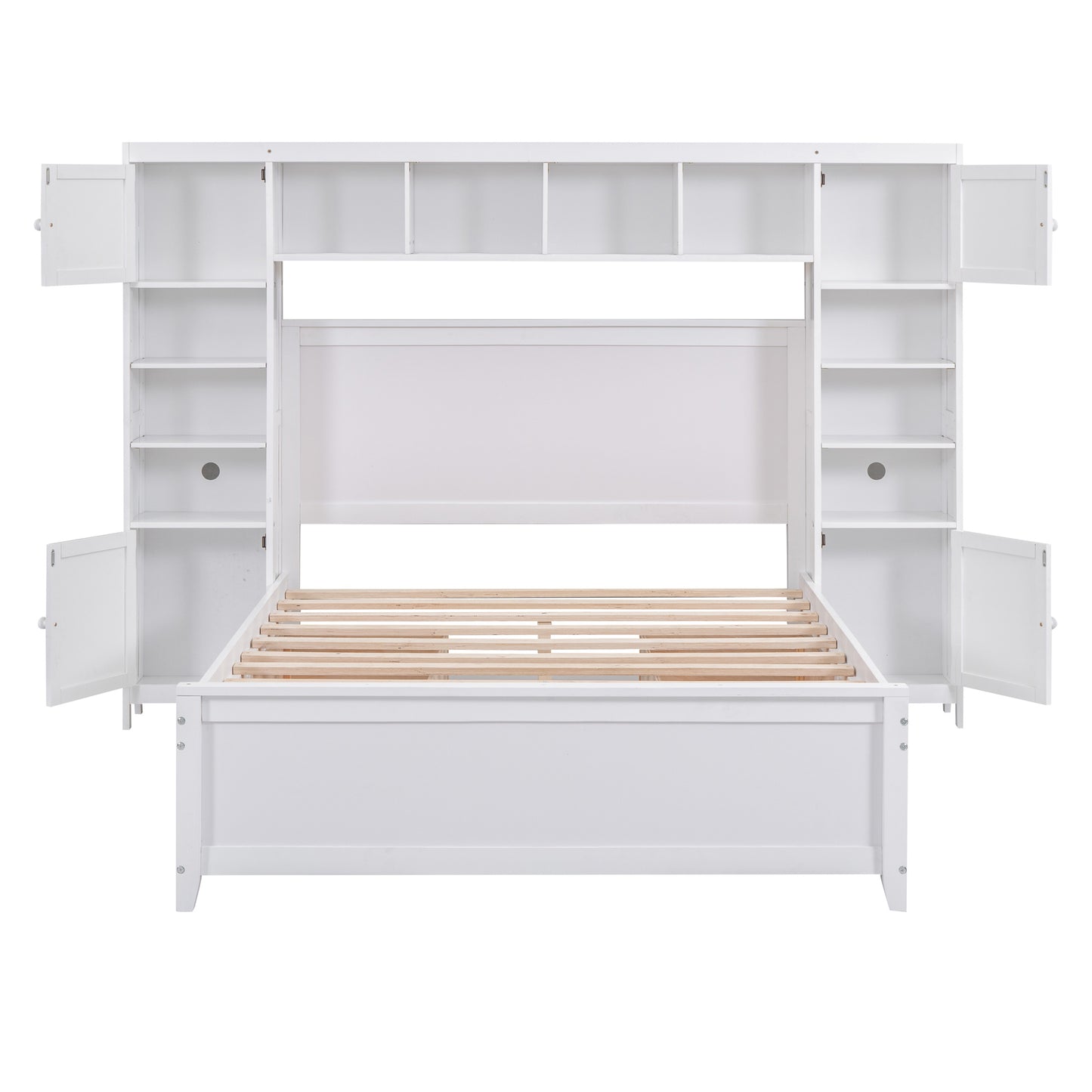 wooden bed with all-in-one cabinet and shelf