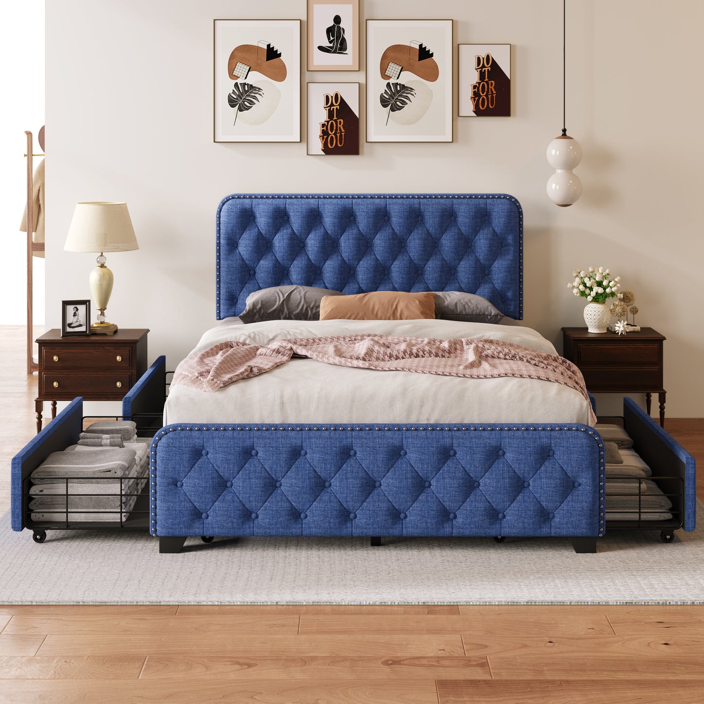 upholstered platform bed frame with four drawers, blue