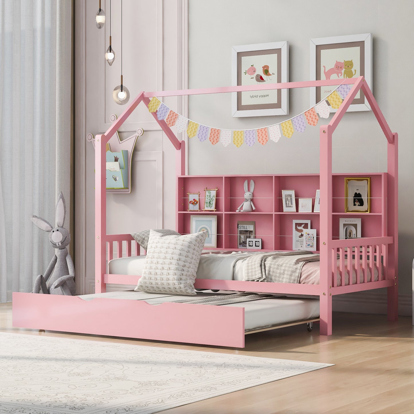 wooden house bed with trundle, pink