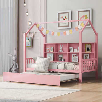 Wooden House Bed with Trundle, Pink