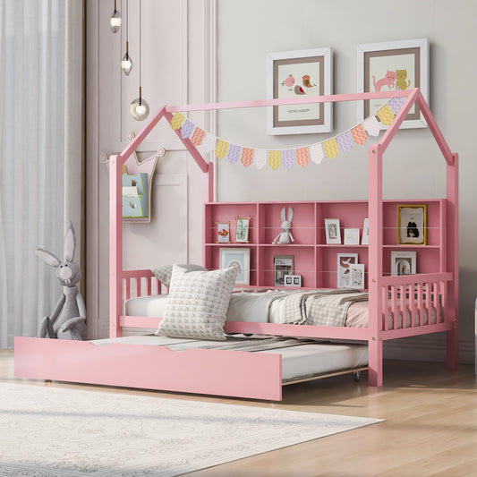 Wooden House Bed with Trundle, Pink