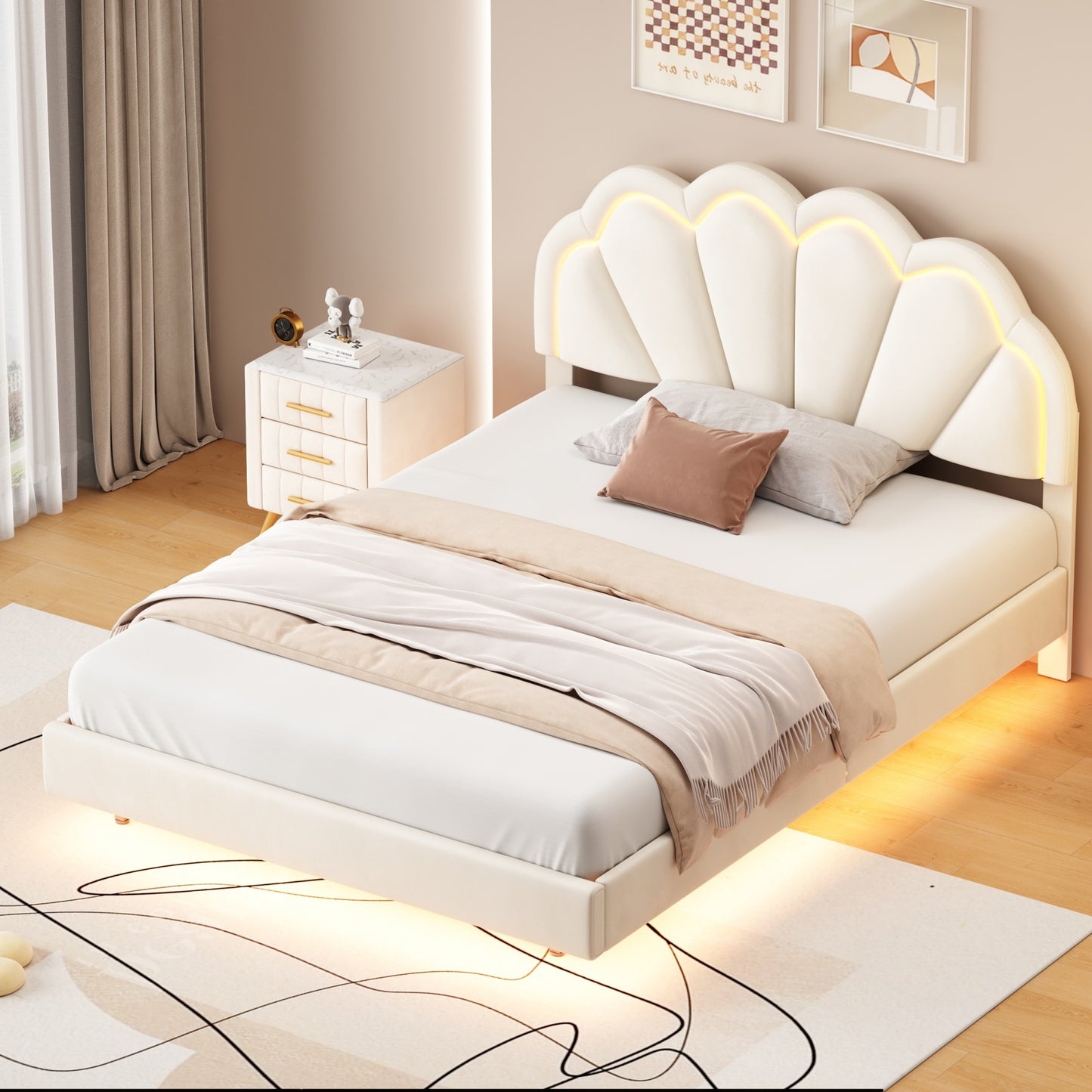 smart led bed frame with elegant flowers headboard