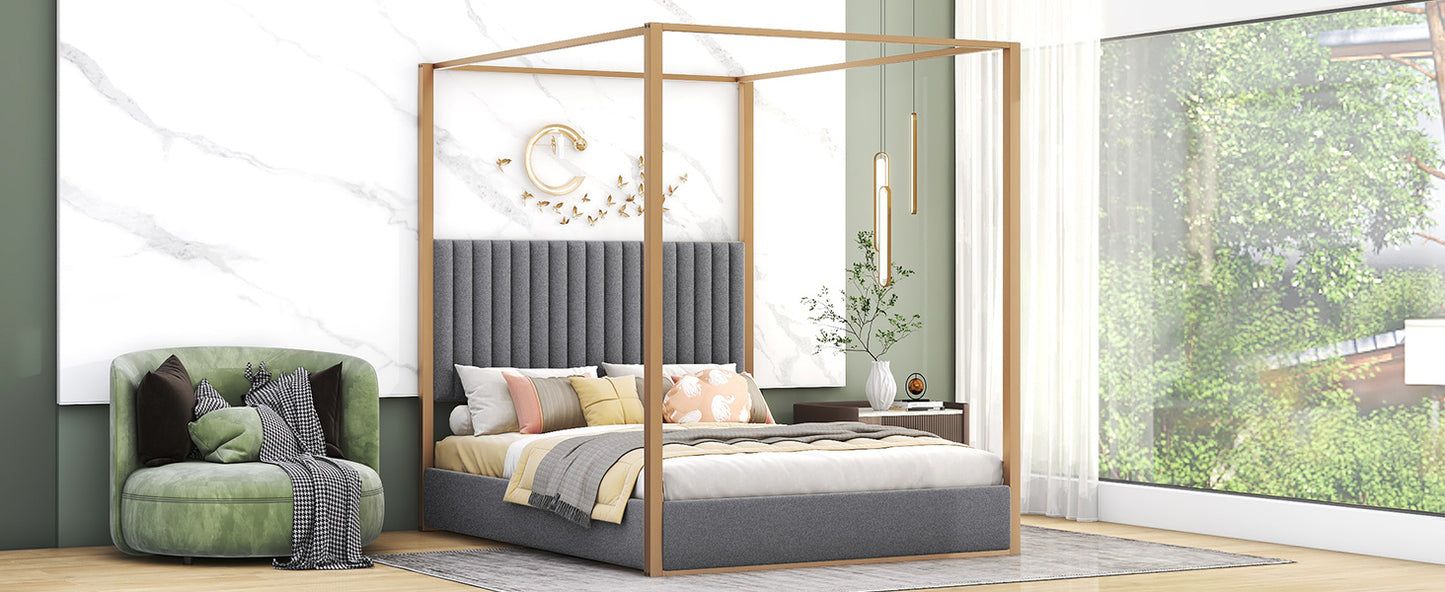 upholstery canopy platform bed with headboard and metal frame, gray