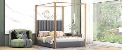 Upholstery Canopy Platform Bed with Headboard and Metal Frame, Gray