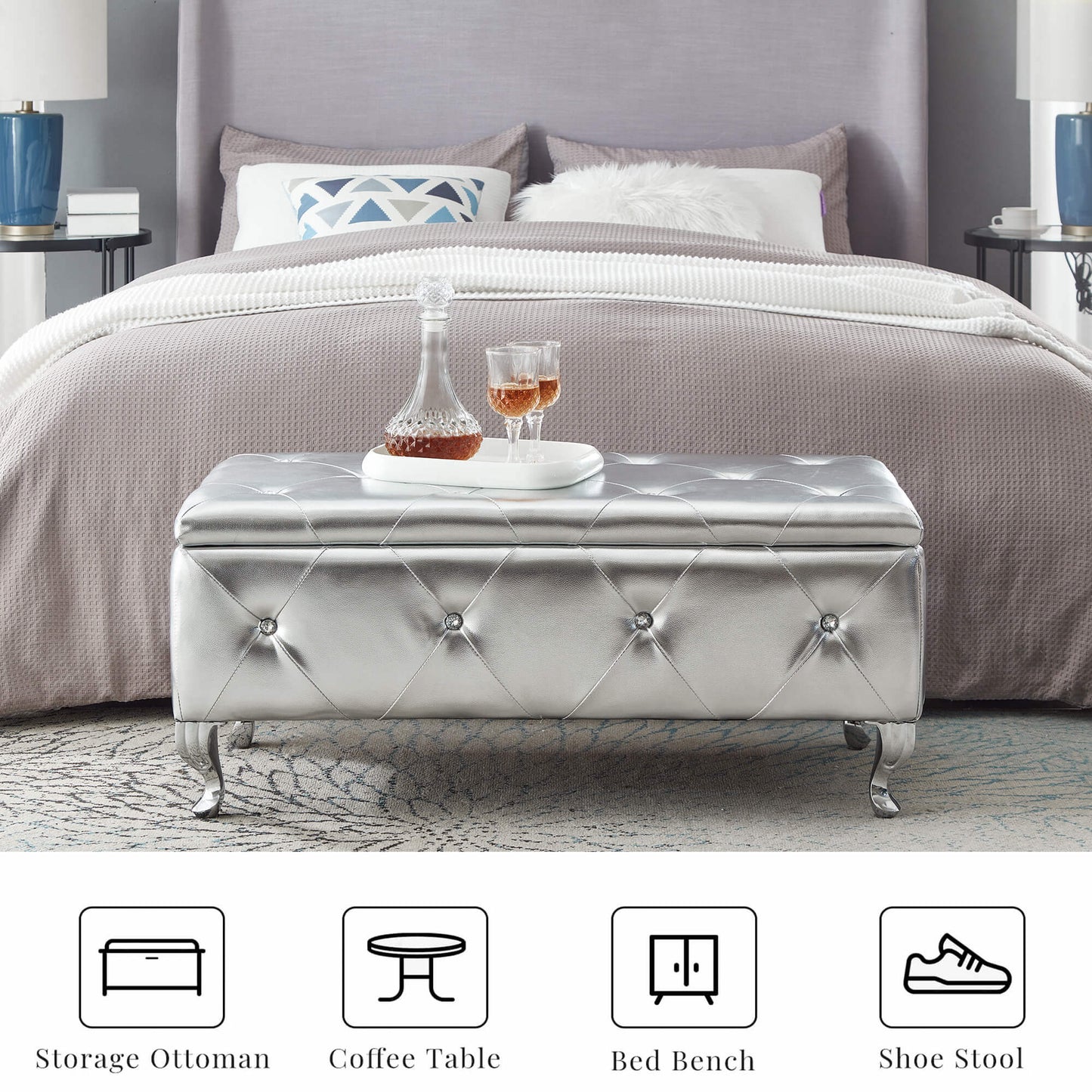 upholstered storage ottoman, silver