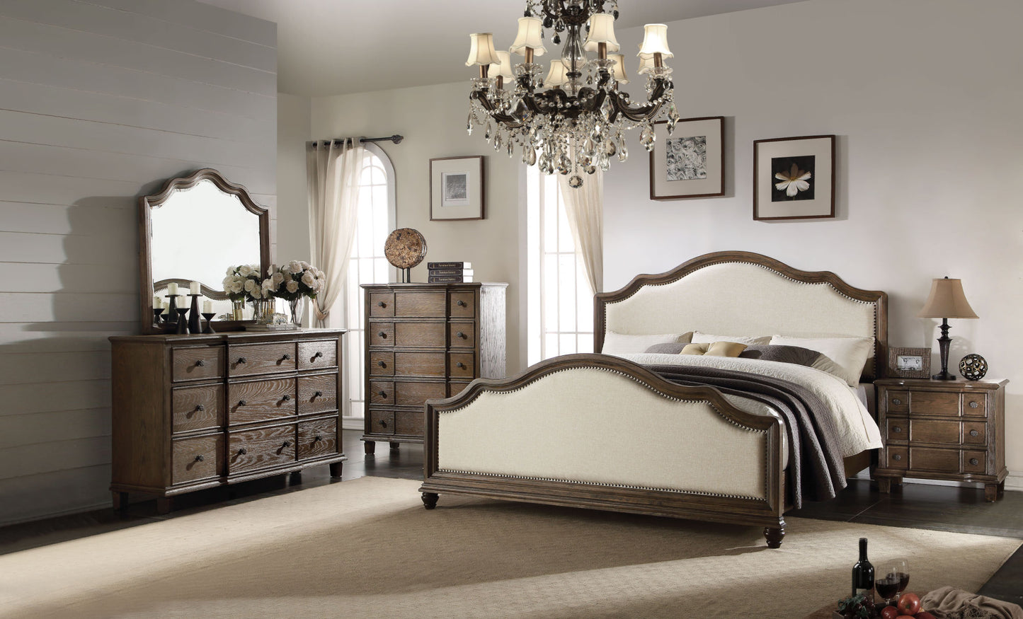acme baudouin queen bed in beige linen & weathered oak