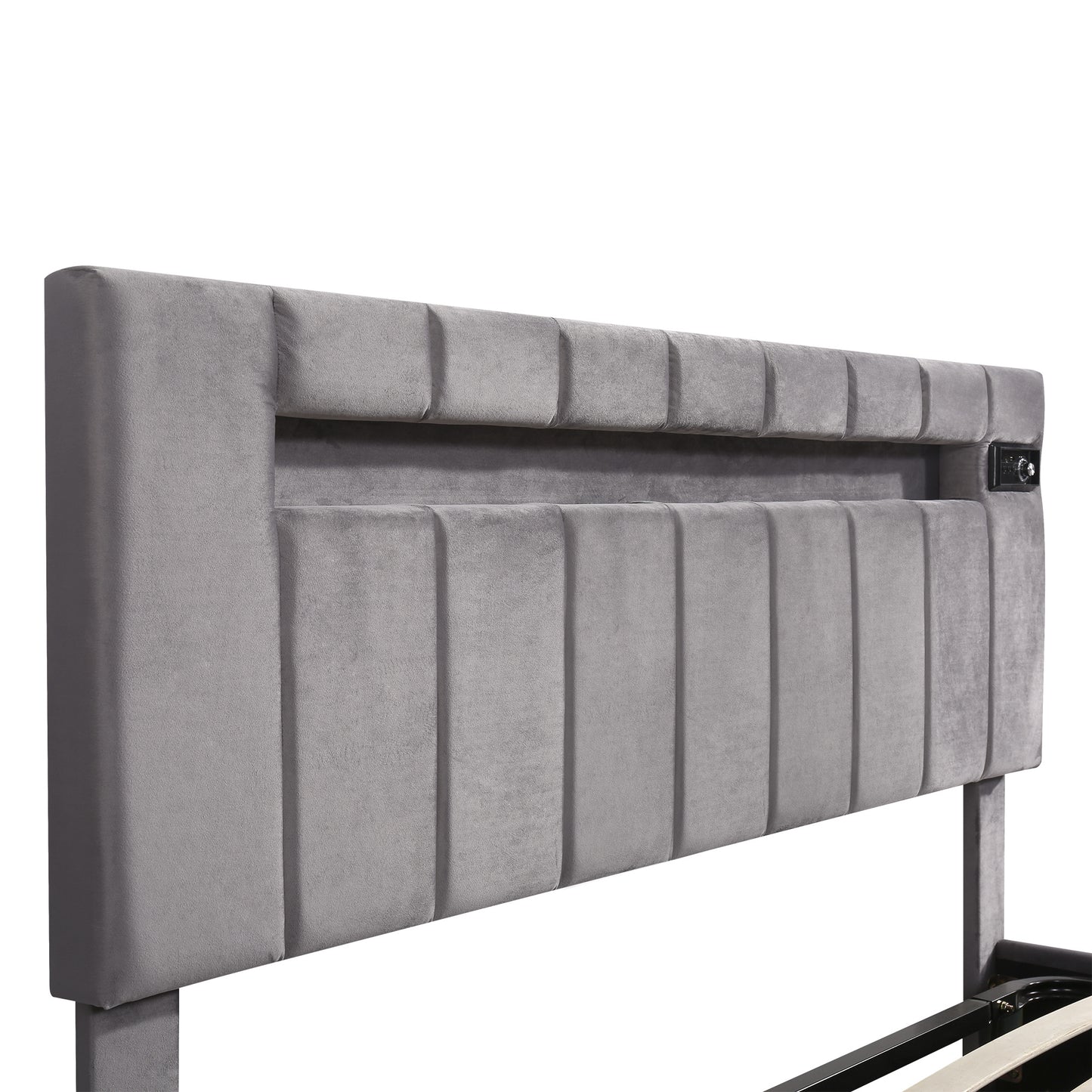 velvet upholstered hydraulic storage bed with led light, bluetooth player, and usb charging