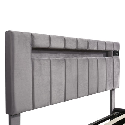 Velvet Upholstered Hydraulic Storage Bed with LED light, Bluetooth Player, and USB Charging