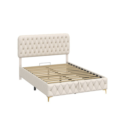 Velvet Upholstered Bed with Deep Tufted Buttons & pneumatic hydraulic function, Beige