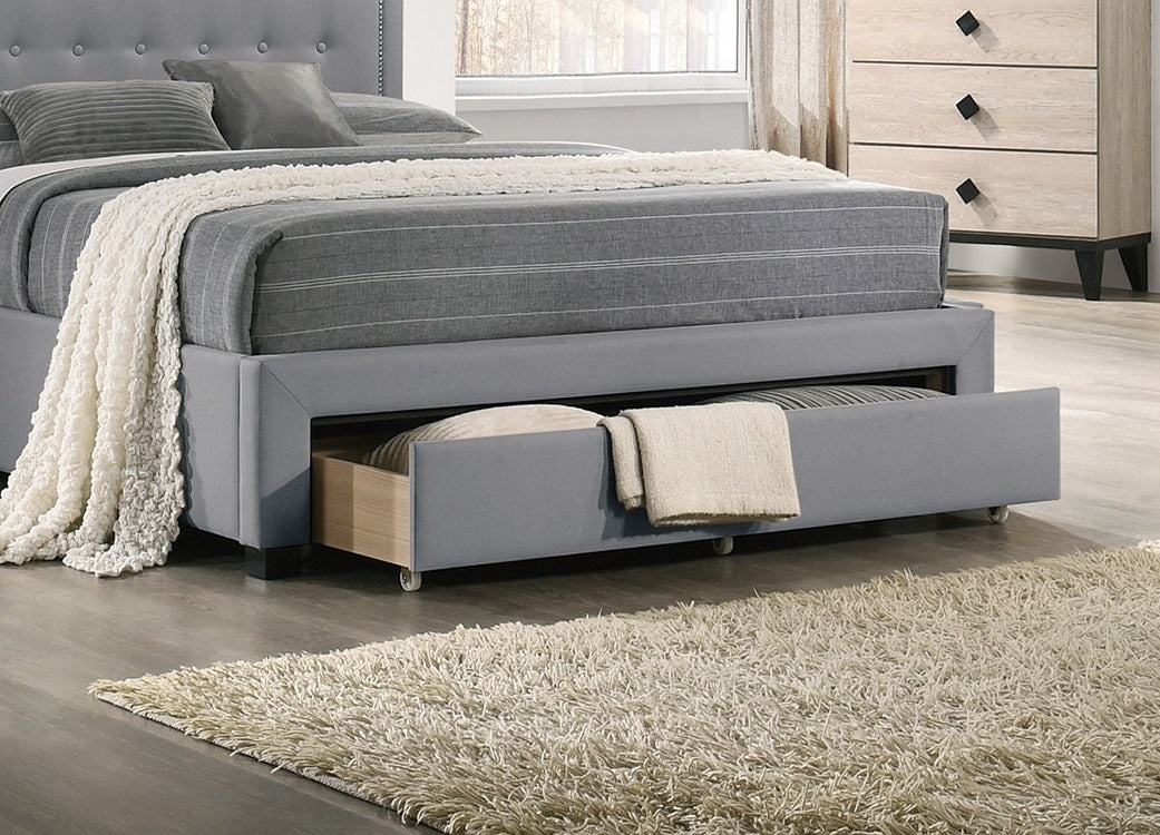 burlap with drawer button tufted arch design headboard +storage, light grey