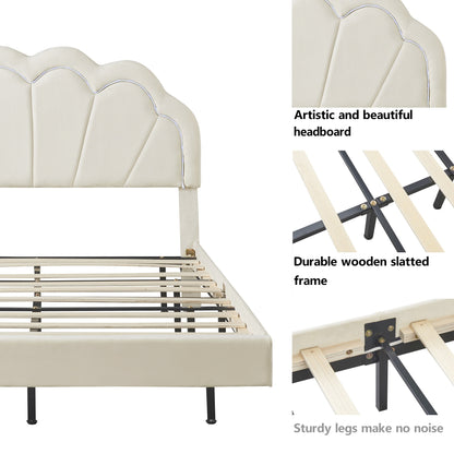 Queen Upholstered Smart LED Bed Frame with Elegant Flowers Headboard, Beige